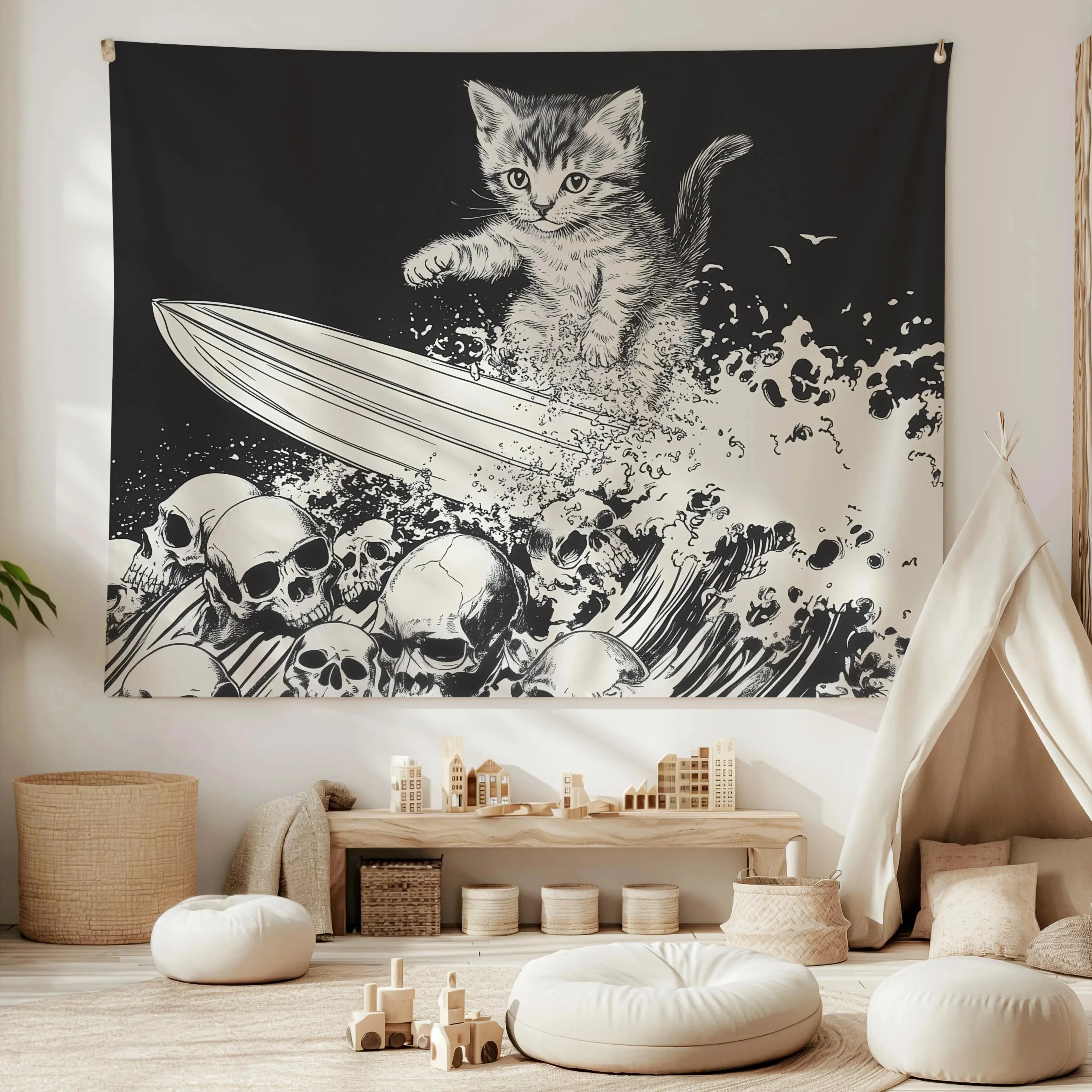 Customize Heavy Metal Kitten Tapestry Unhinged Wall Art - Skull Surfing Cat - MTG Inspired Hardcore Funny Decor - Sea of Bones B