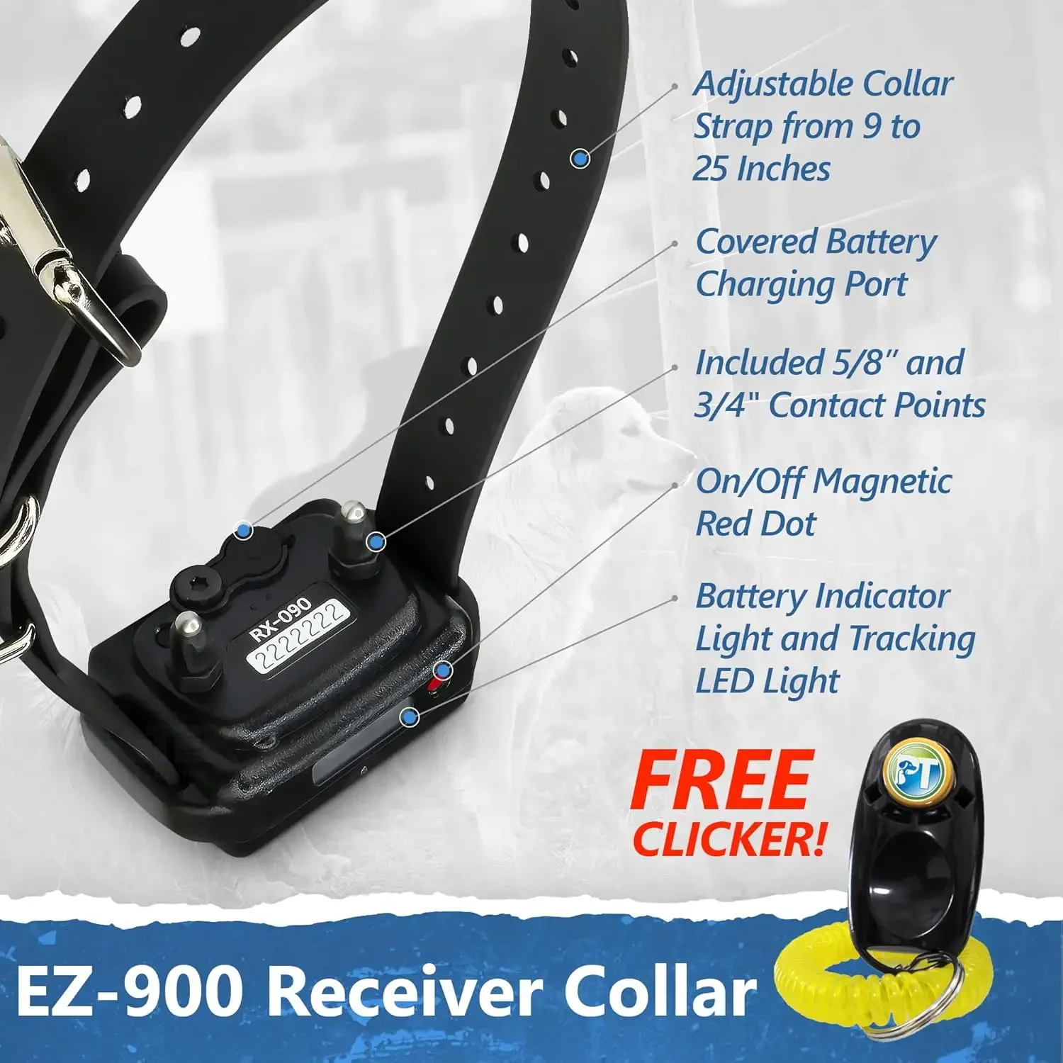 EZ-900-1/2 Mile Entrenador de perros a prueba de agua remoto: Collar estático, de estimulación de vibración y sonido con PetsTEK Do