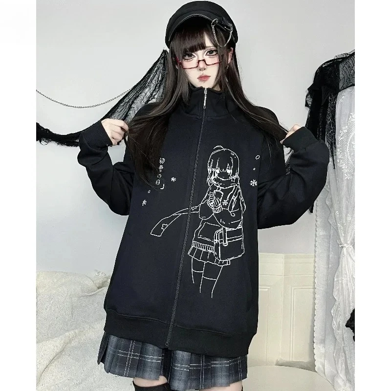 

Japanese Style Original Stand Collar Zipper Sweatshirt Jacket Fleece Sweet Girls Versatile Cartoon Print Long Sleeve Loose Coat