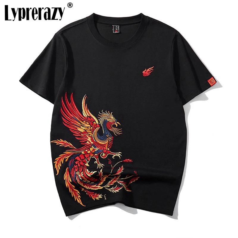 Lyprerazy Chinese Style Embroidered Colourful Phoenix Short-Sleeved T-Shirt Summer Loose Cotton Top Tees