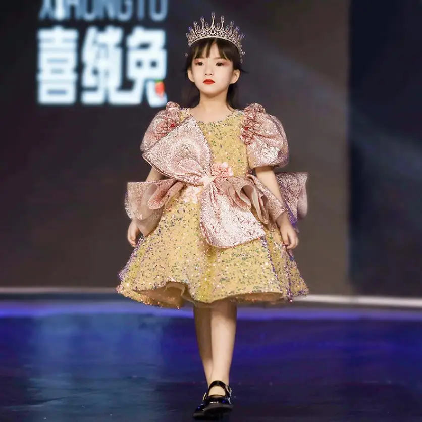 

High-End Children's Sequins Evening Gown Bow Puff Sleeve Design Kids Catwalk Host Wedding Birthday Eid Party Girls Dresses A3600