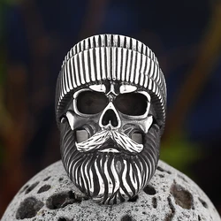 Gothic Vintage 316L Stainless Steel Cool Locomotive Old Man Skull Ring Punk Rock Bearded High Quality Jewelry DropshippingOSR463