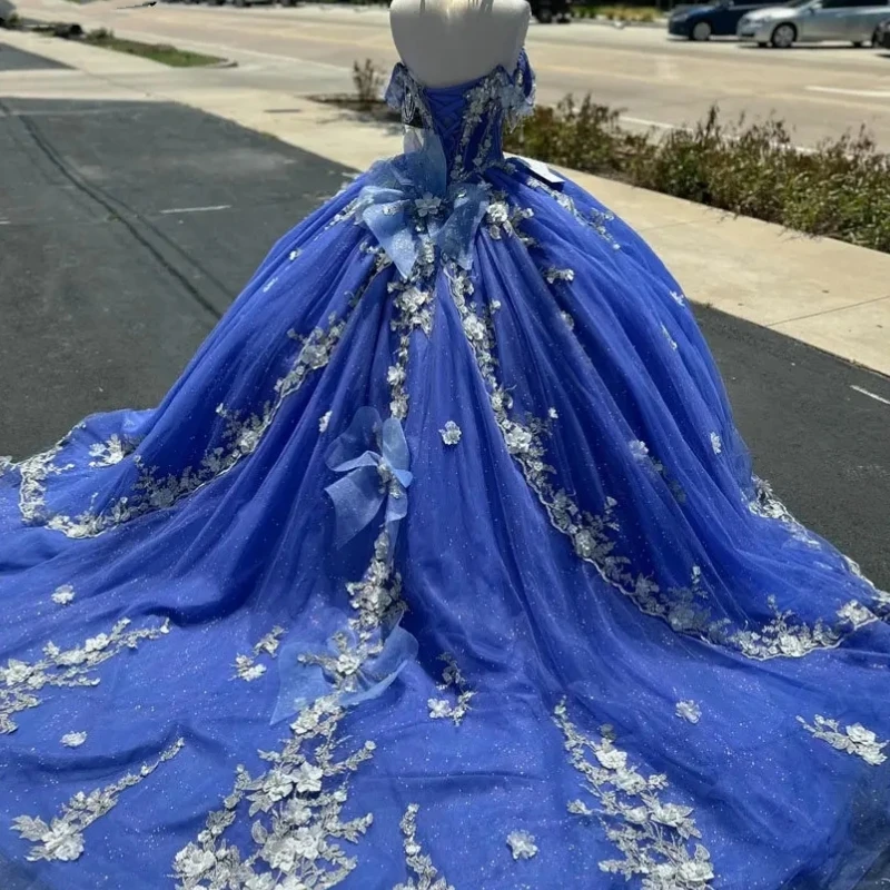 

Роскошное мексиканское синее милое платье Quinceanera 16 Vestido De xv Anos с 3D цветочной аппликацией и скользящим шлейфом, платье для выпускного дня рождения 15 14