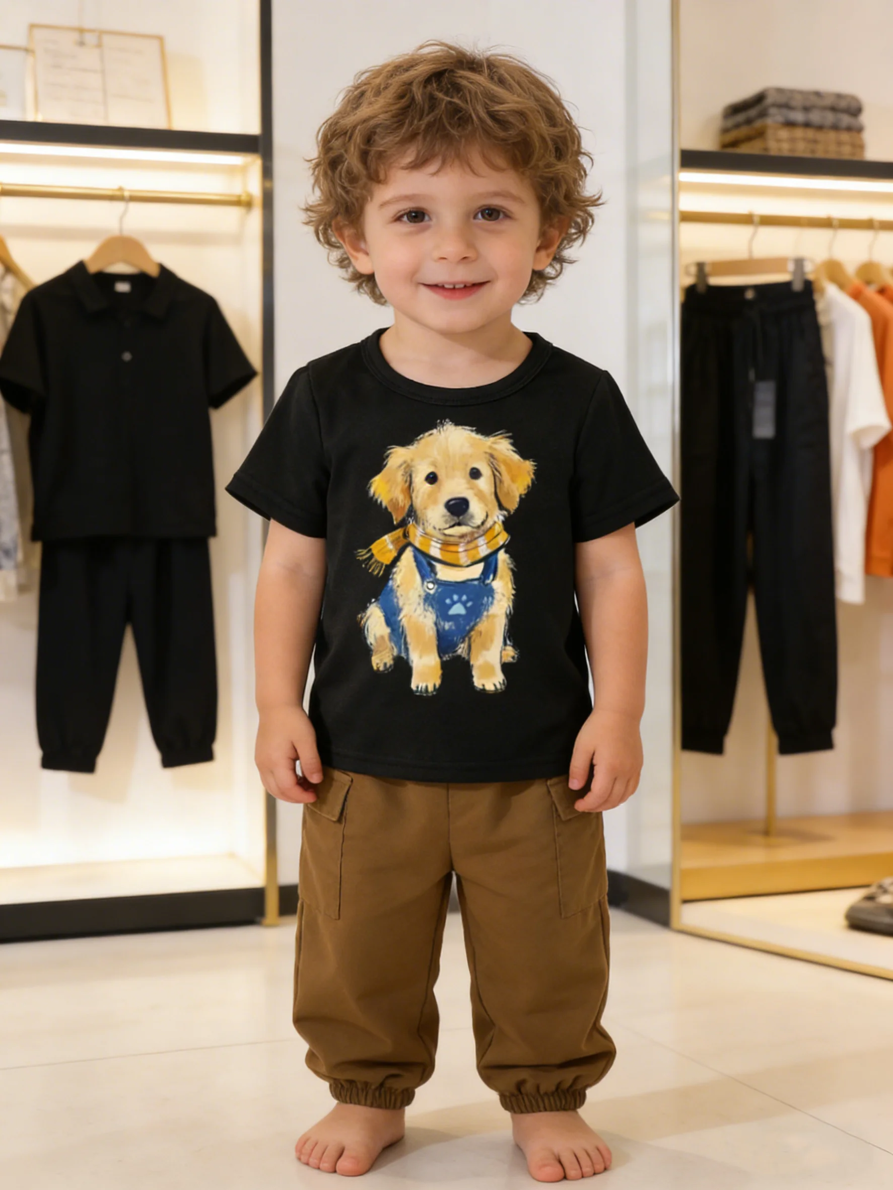 Summer Toddler Boy Golden Retriever Print Short-Sleeve & Pants Two-Piece Set - Baby Casual Cute Cargo Style Outfit