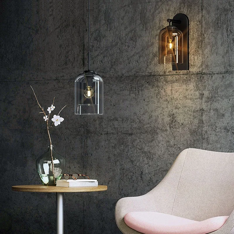 

Cognac Smoke Double Glazing Wall Light Two-Layer Glass Lamp Hallway Aisle Bedside Balcony Cafe Industrial Iron Sconce
