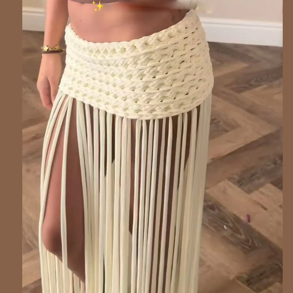 Beachapche Chunky Yarn Crochet Fringe Skirt Women High Waist Tassel Beach Cover Up Boho Swimsuit Wrap Skirt For Vacation Festiva