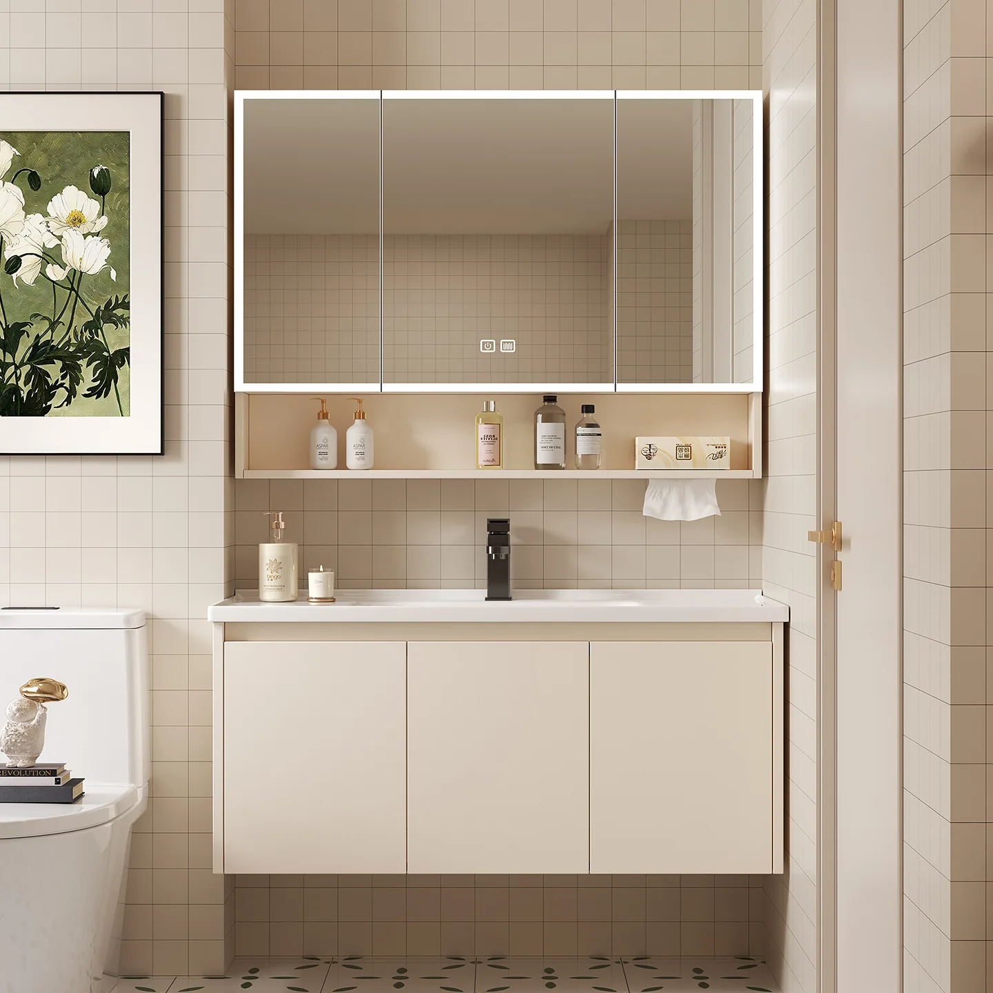 Space Aluminum Bathroom Smart Storage Mirror Cabinet Separately Wall-mounted With Beauty Rack Paper Towels Kong Home Mirror Make view 2