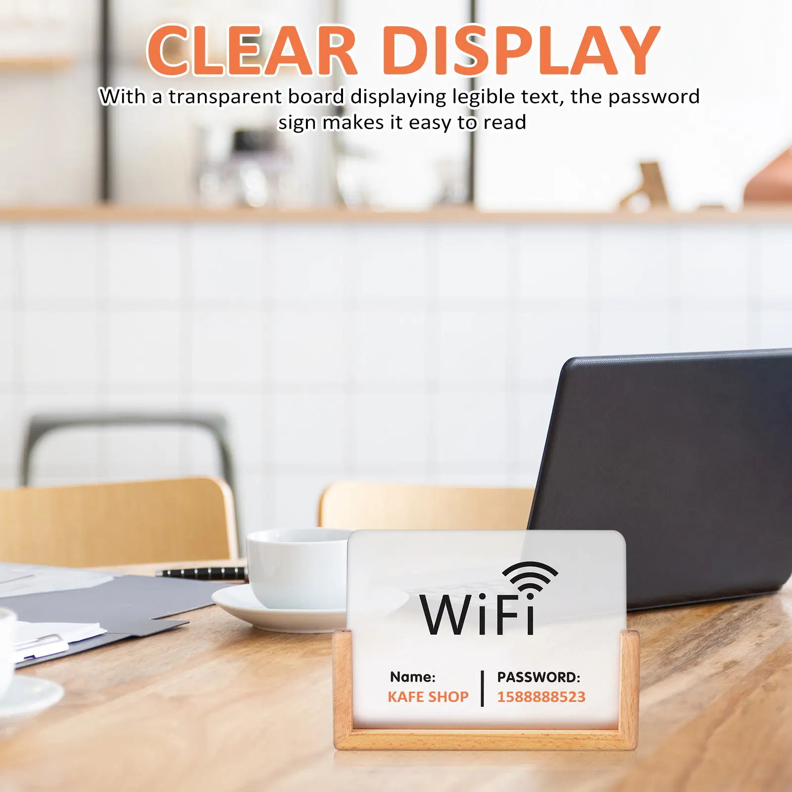 Table WiFi Password Sign Acrylic Panel Wooden Stand Compact Design for Business Hospitality Guest Room Professional WiFi Network