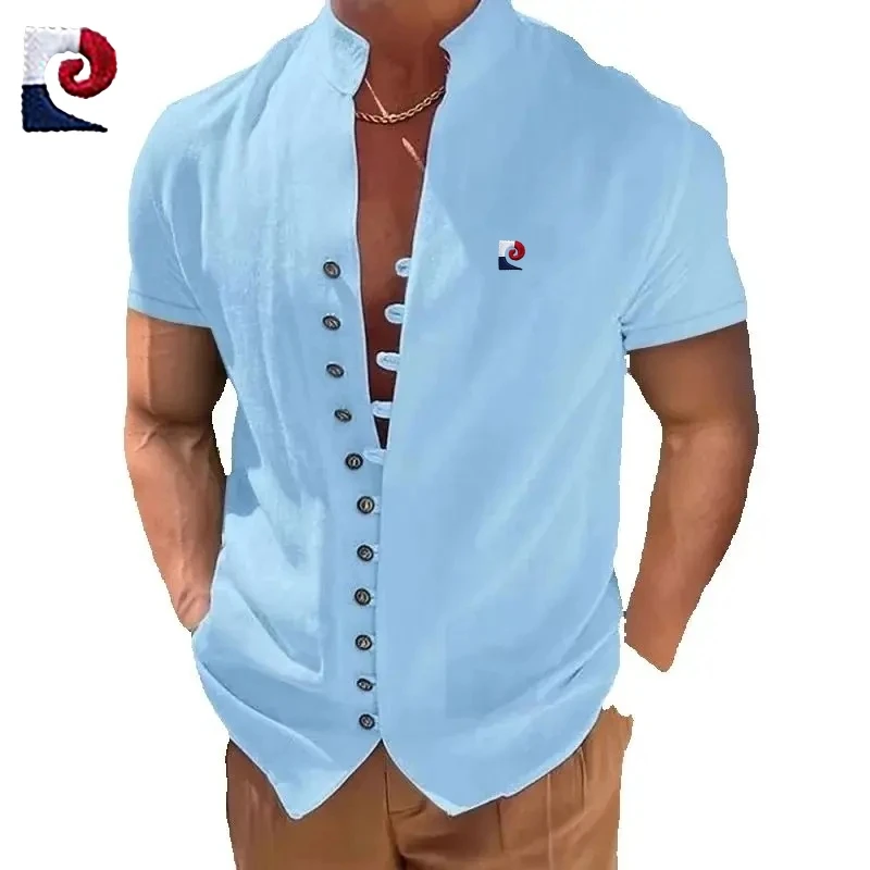 

New summer high-quality retro Henry collar shirt for men, fashionable and casual, soft, breathable and comfortable polo shirt to