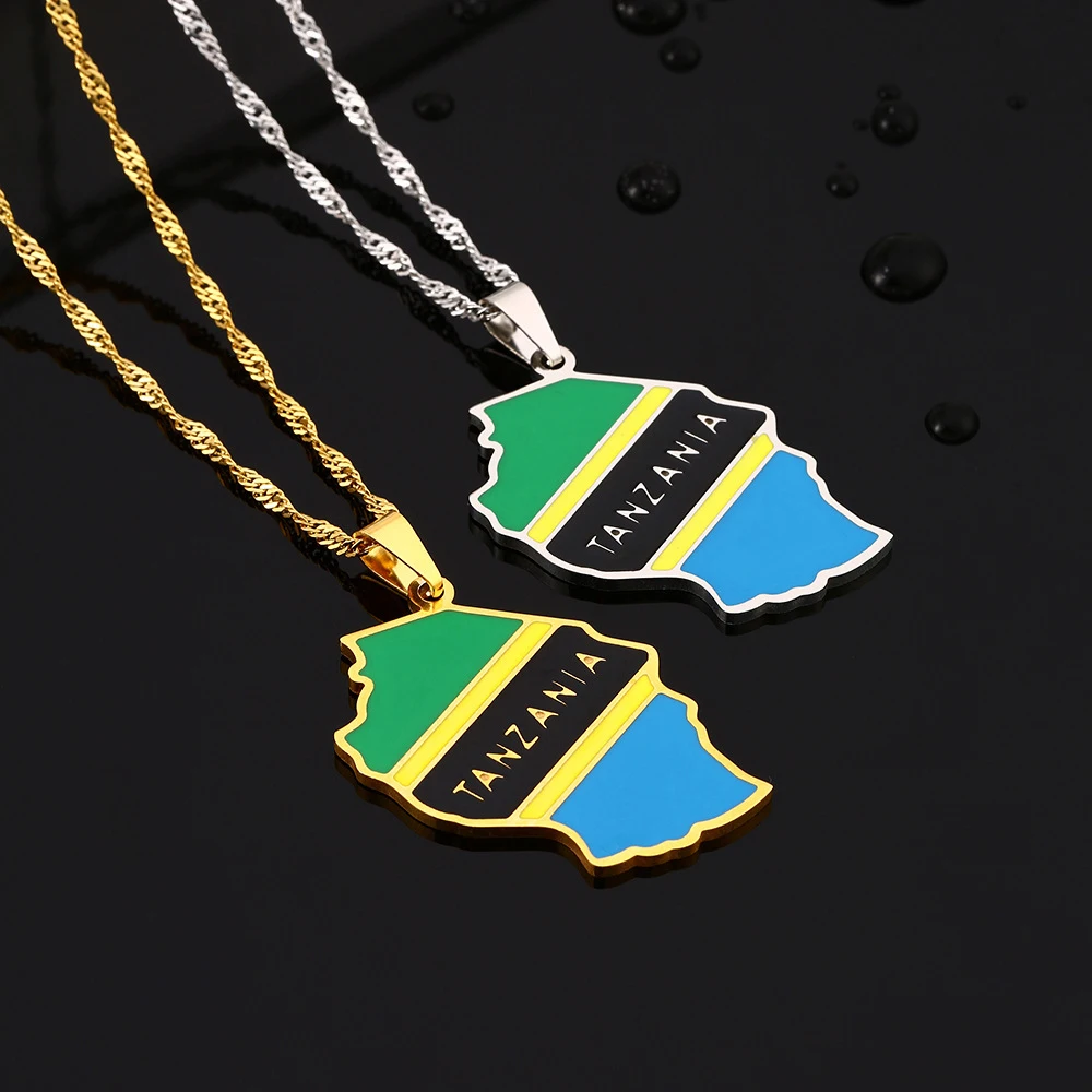 Fashion Tanzania Map Flag Pendant Neckalce Stainless Steel African Men Women Maps Jewelry Gift