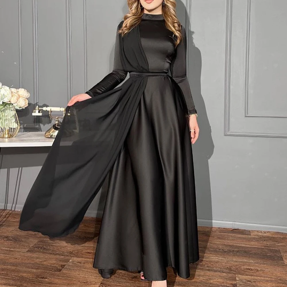 

Saudi Arabia Evening Gowns Ankle Length High Neckline Satin Long Sleeves Pleats Dresses For Formal Occasions Women Classic 2024