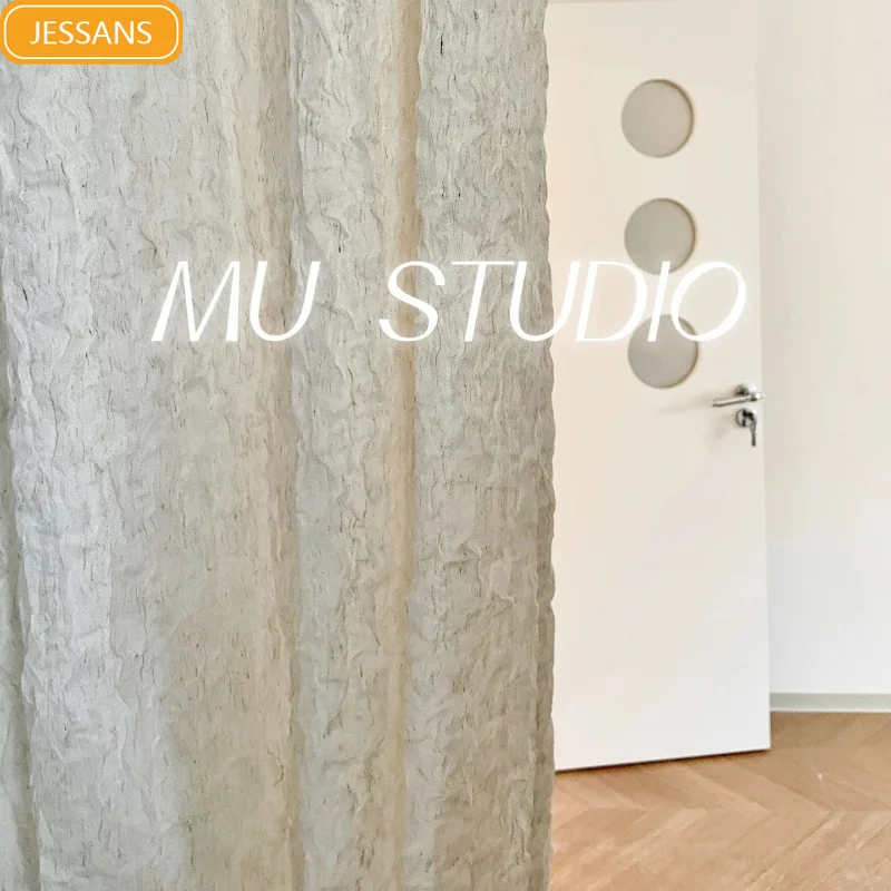 Cream Linen Cloud Pleated Gauze Curtain Curtains for Living Room Bedroom Study Bay Window Partition Curtain Customization