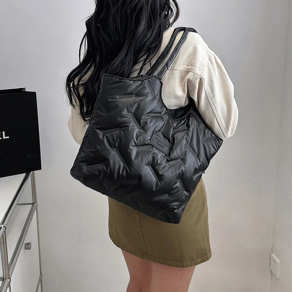 Women Padded Tote Bag Fashion Solid Puffer Bag Versatile Quilted Shoulder Bag Big Capacity Winter Shopper Bag