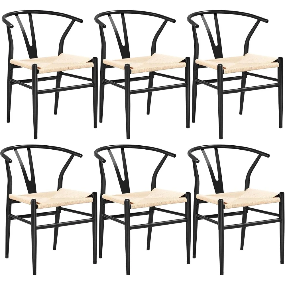 Set of 6 Weave Chairs Metal Dining Chairs Mid-Century Modern Dining Room Chairs with Y-Shaped Backrest & Hemp Seat