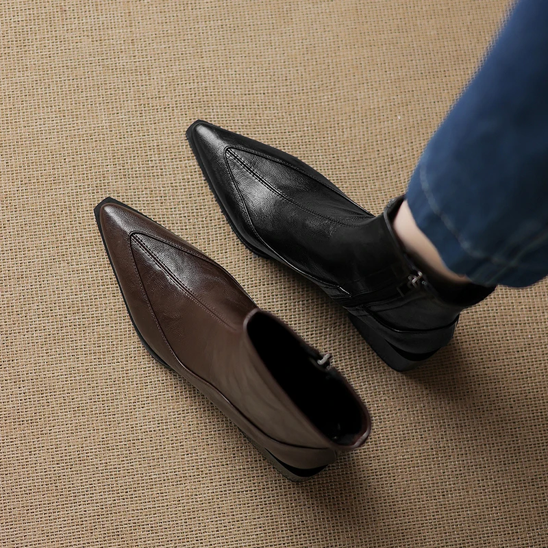 

2026 новые осенне-зимние женские ботильоны 22-24,5 см, современные ботинки из эластичной микрофибры с острым носком, боковая молния, толстый каблук, узкие ботинки