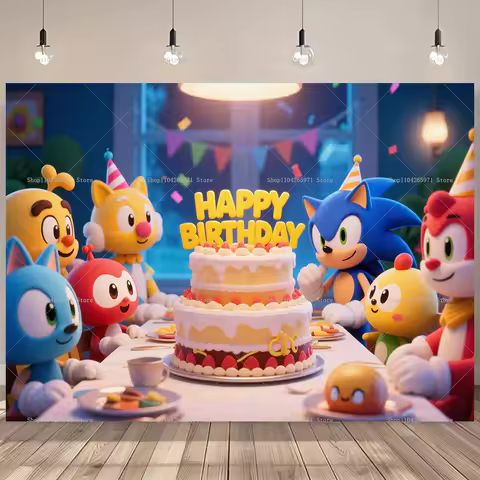 Sonic Blue Background Birthday Party Background Cartoon Baby Shower Background Photography Wall Banner Decoration Boy Gift