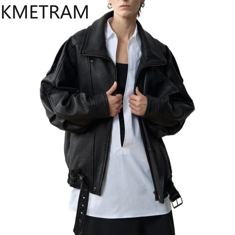 

KMETRAM Genuine Sheepskin Leather Jacket Woman Retro Oversized Short Coat Fashion Belted Jackets Autumn Women Clothes 2026 가죽자켓