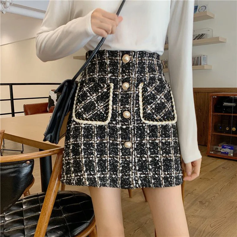 Rimocy Fall Winter Plaid Wool Skirt Women 2024 Pearl Button Woolen Tweed Mini Skirt Ladies Thicken High Waist Short Skirts Woman