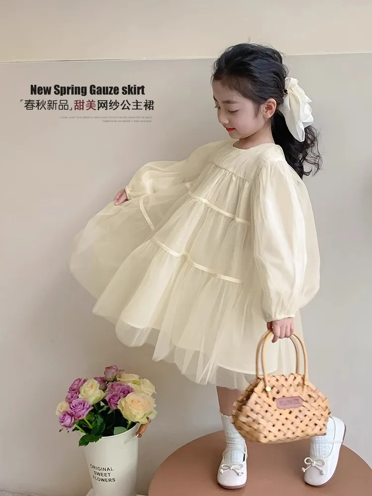 Princess Dress Girls' Spring Clothes Western Style2024New Baby Girl Dress Spring and Autumn Kids' Skirt Spring Gauze Skirt