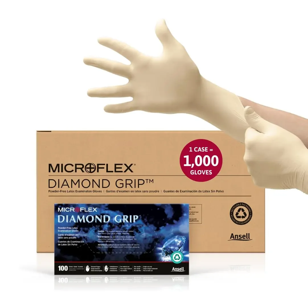 

MICROFLEX Diamond Grip MF-300 Disposable Latex Gloves for Automotive, Healthcare, Machinery Industries - Large, Natural (Case of