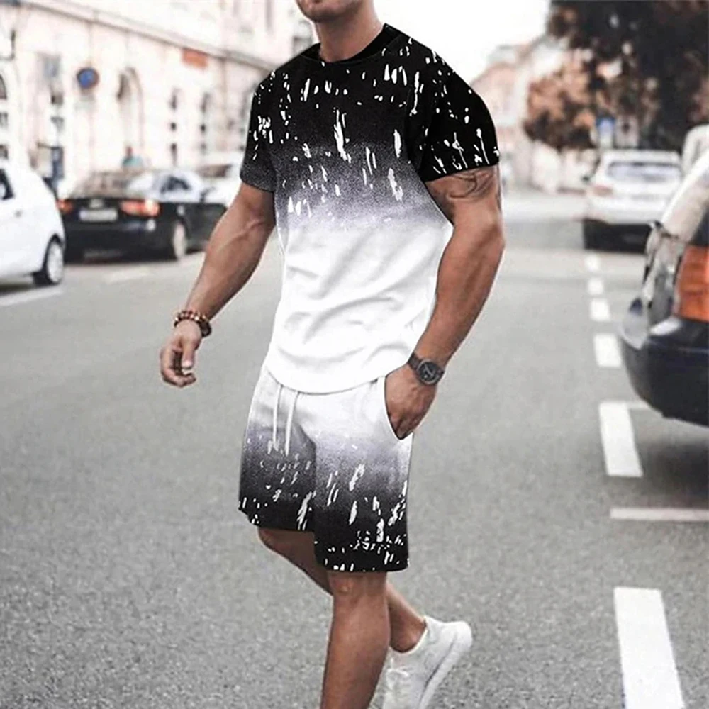 Men Summer Vacation Black White Printed Short Sleeve T-Shirt And Shorts Set Fashion Two Piece Set Men Sportwear Fitness Pullover