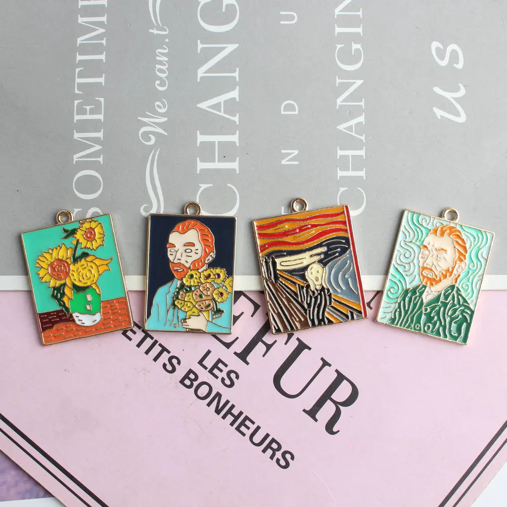 MuhNa 10pcs Rectangle Alloy Enamel Charms Western Oil Painting Necklace Pendants Earrings DIY Cartoon Jewelry Handmade Finding