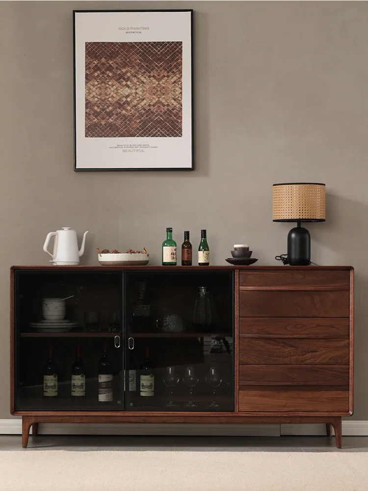 A Italian-Style Light Luxury North America Black Walnut Wood Sideboard Cabinet Wall Locker Solid Wood Glass Door Display Cabinet
