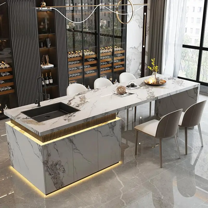 طاولة جزيرة المطبخ الفاخرة مع سطح كوارتز وحوض متكامل، بار عالي التحمل مقاوم للحرارة للمنزل الحديث