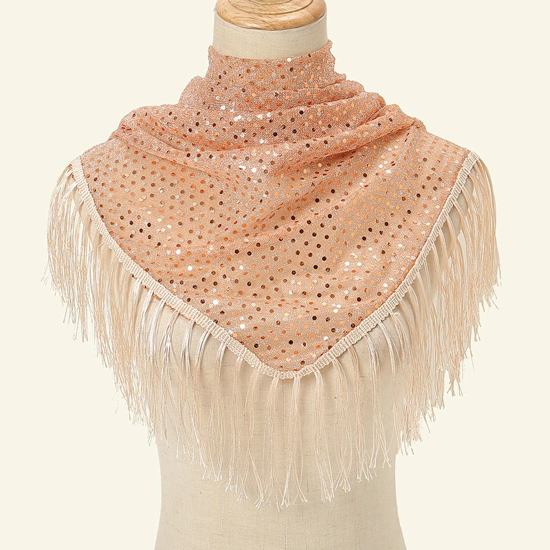 Fashionable Glitter Triangle Tassel Party Shawl Women Veil Pure Color Triangle Scarf Prayer Hijab Multifunctional Scarf 120*65cm