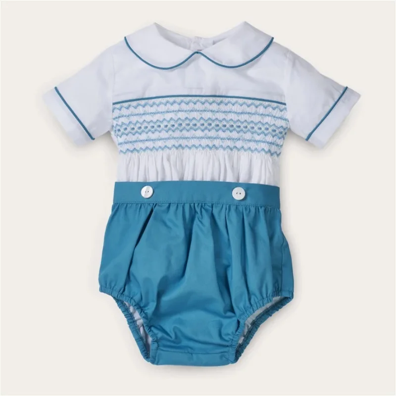 0-6Y Summer Baby Boy Hand Smocked Embroidery Blue Vintage Outfit Suit for Baptism Wedding Birthday Photography A436