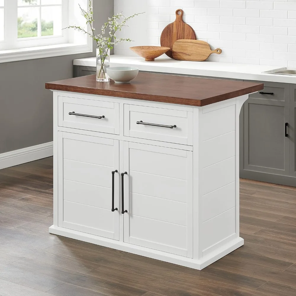 Bartlett Kitchen Island with Wood Top,Features a solid wood countertop with a dark brown finish,White/Walnut,size 42x56x41inches