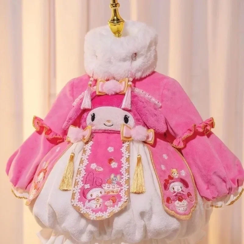 Sanrio Girls Lolita Autumn and Winter Dress Cartoon Three-dimensional Anime Embroidery Accessories Super Kawaii Birthday Dress