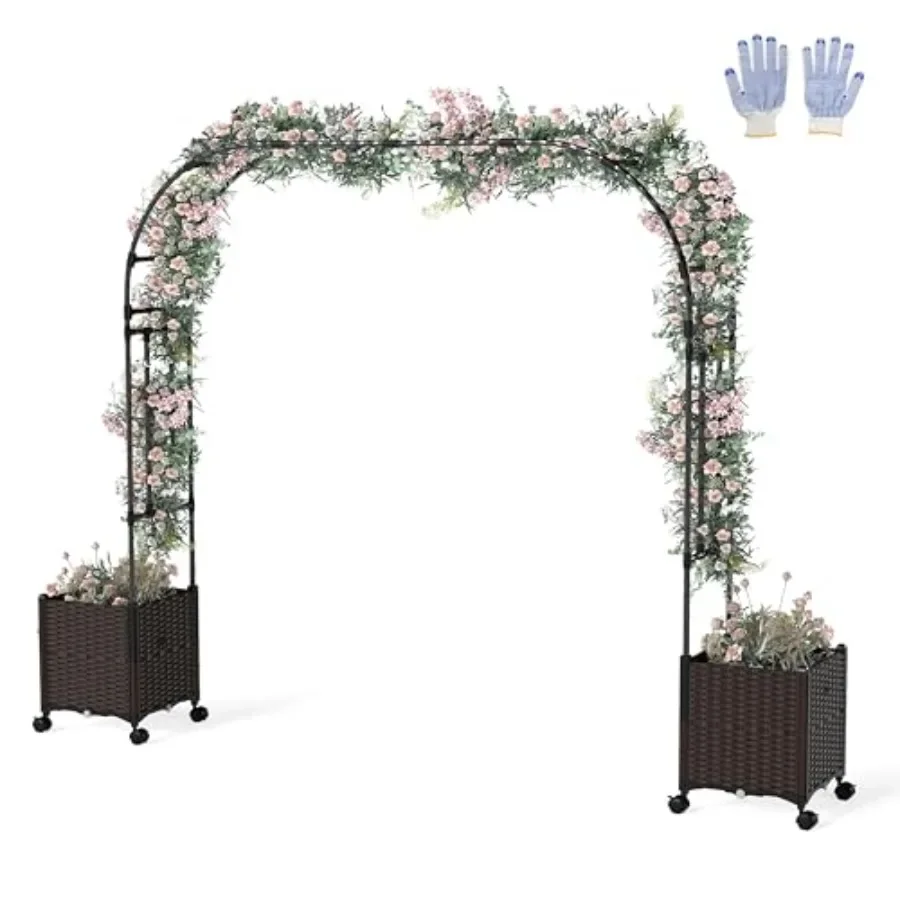 Garden arbor for backyard and patio use, made of metal, black finish, features self-watering system, drainage design, lockable