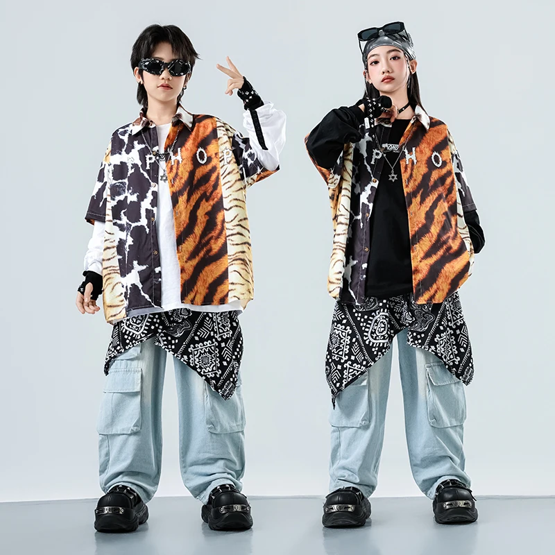 

Children Hip Hop Costume Leopard Print Shirt Denim Pants Boys Girls Jazz Dance Performance Outfit Street Dance Clothing AMY2878