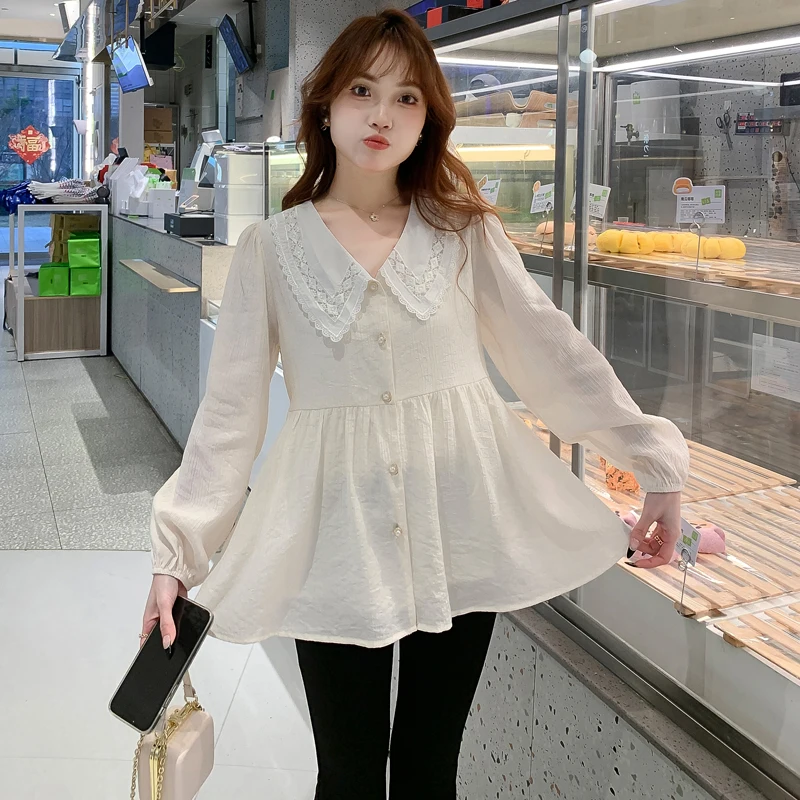 

Autumn Pregnant Women's Clothing Long Sleeved Top Sweet Lace Turn-down Collar Single-breasted Maternity Shirts Elegant Blouses