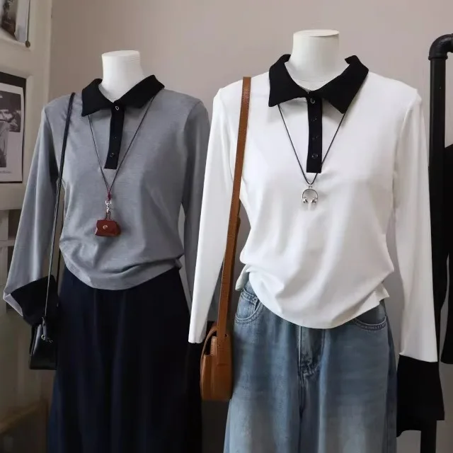 

Chic Collar Long Sve T-irt Women's Base irt Spring 2026 New Color Blo Inner Wear Top Ele Faion Ladies' Ba...