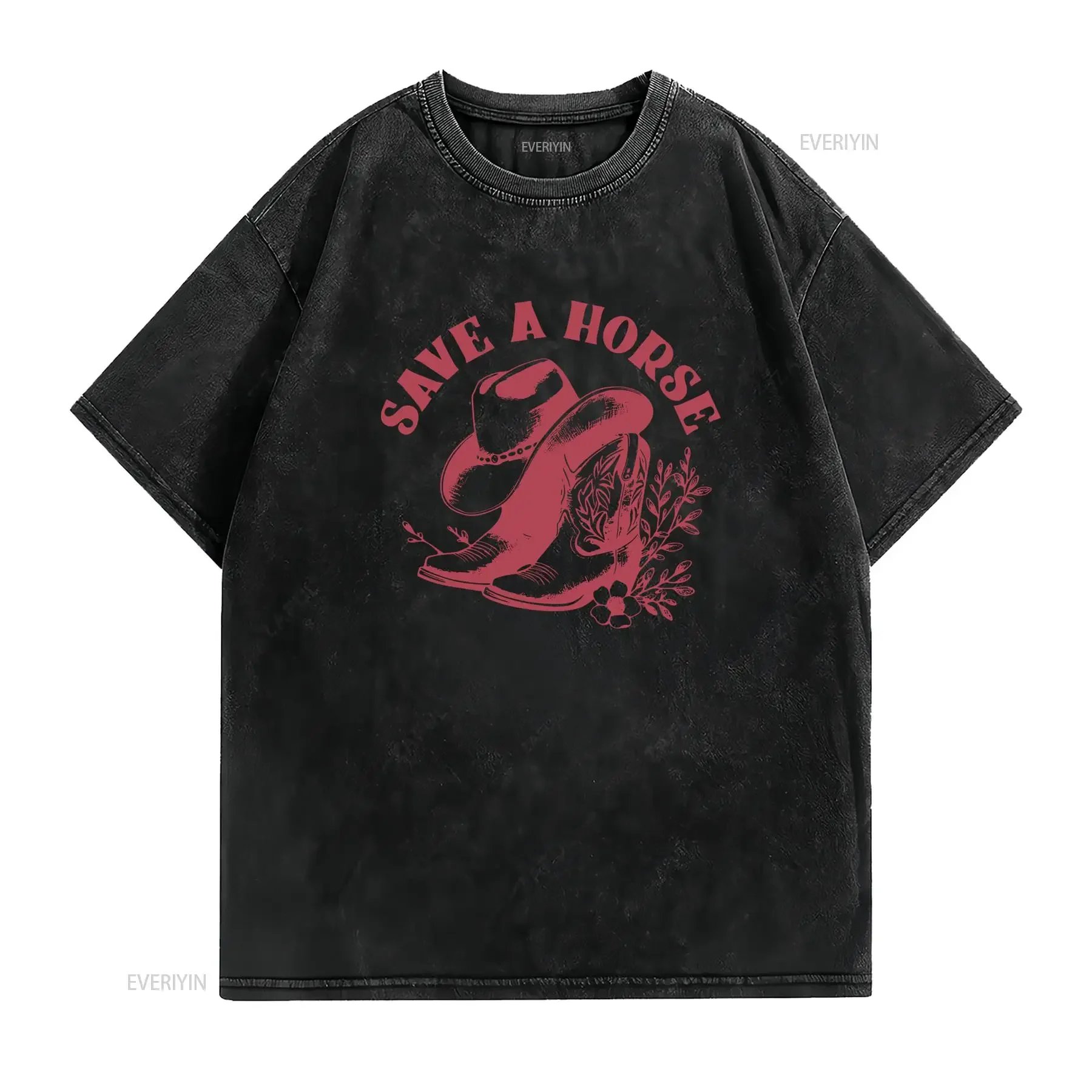Vintage Western Cowboy Save A Horse Slogan Hat Boots Floral Print Casual T Shirt vintage Washed Breathable Slightly streetwear