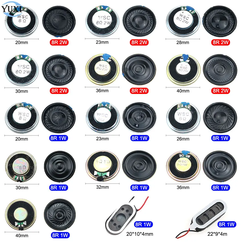 Yuxi 1 peças 8r 2w 1w chifre ultra-fino 8 ohms alto-falante diâmetro 20mm 22mm 23mm 26mm 28mm 30mm 32mm 36mm 40mm altifalante