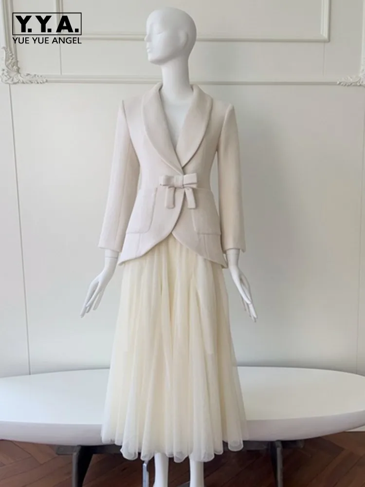 

Женские банкетные блейзеры высшего качества с глубоким v-образным вырезом, праздничный костюм, куртка с бантом, пальто для свидания, одинаковый комплект, юбка трапециевидной формы до щиколотки