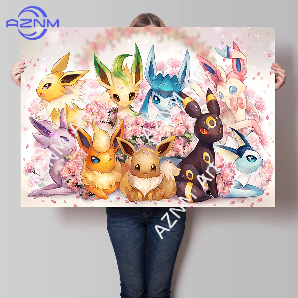 Pokemon Eeveelutions Decorative Painting Cute Eevee and With Floral Elements High - Quality Wall Art for Home Decor Classic