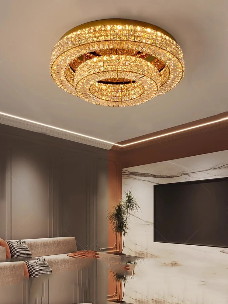 Round Crystal Two Tier Ceiling Lamp Gold Led Roof Light Fixture Apartment Home Decoration Lamparas Lustre