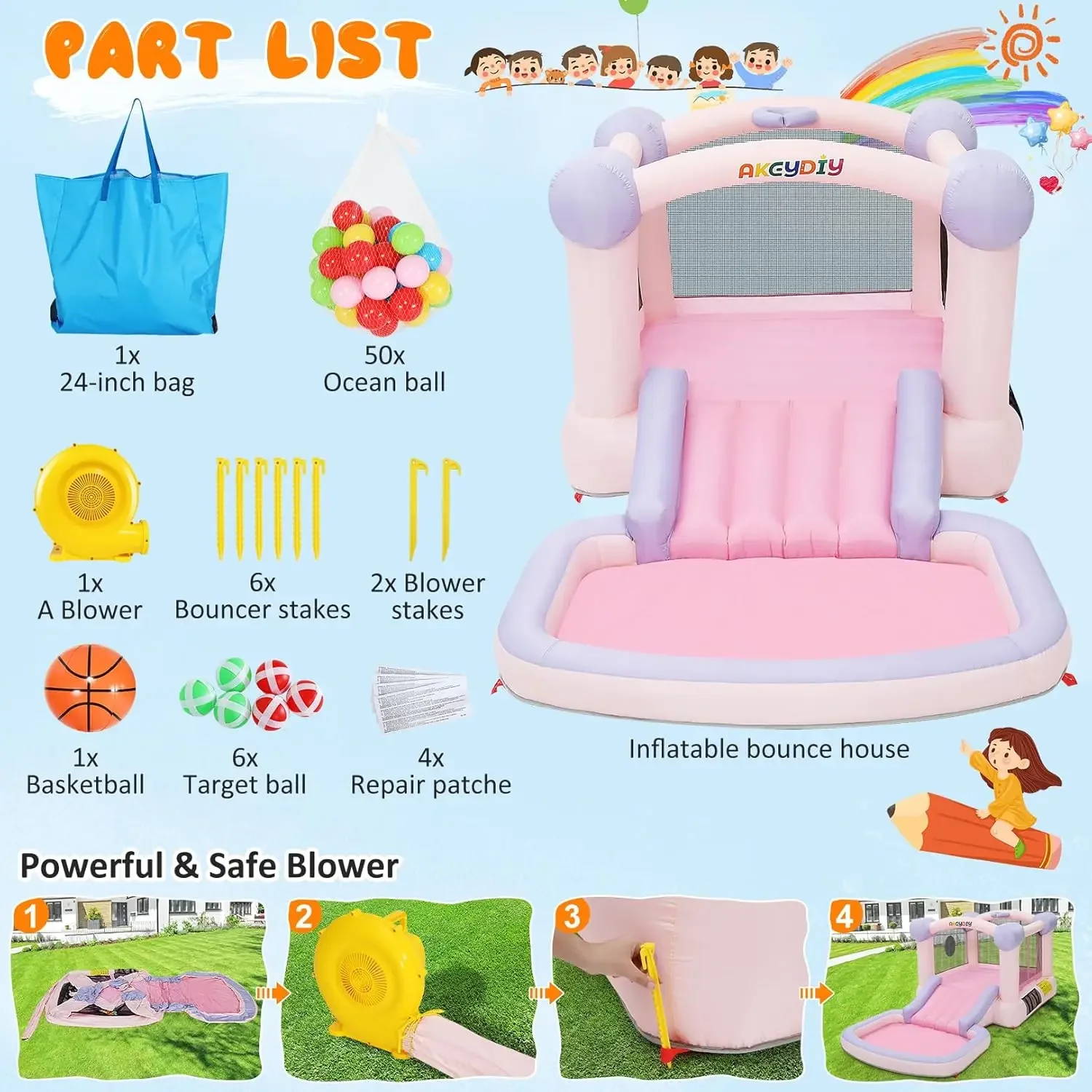 منزل نطاط قابل للنفخ للأطفال الكل في واحد قلعة القفز، شريحة واسعة #6