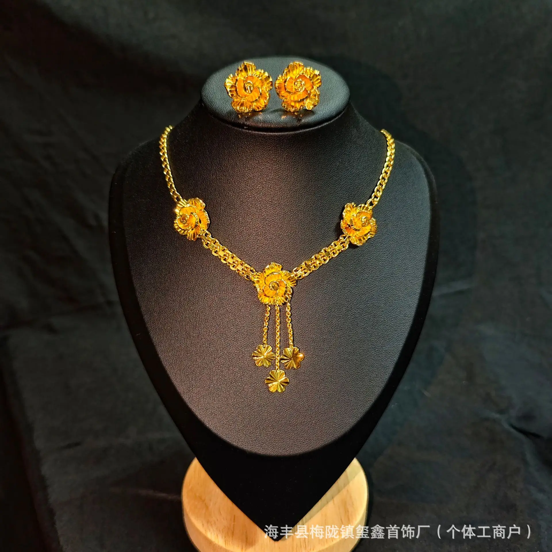 Luxury 24K 9999 Pure Gold real gold Rose Flower Tassel Necklace Women's Flower Earrings - view 4