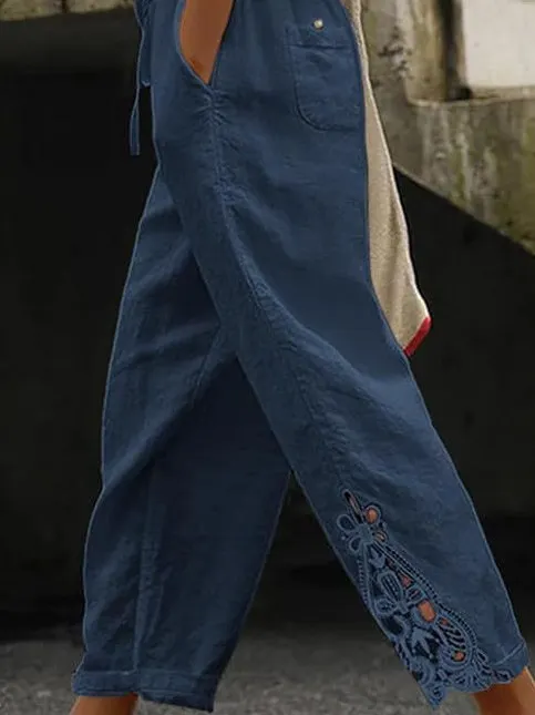 

Женские легкие повседневные укороченные брюки с кружевными вставками, средней посадки, с высокой талией, из ПВХ и хлопка, 100% хлопок, повседневные брюки