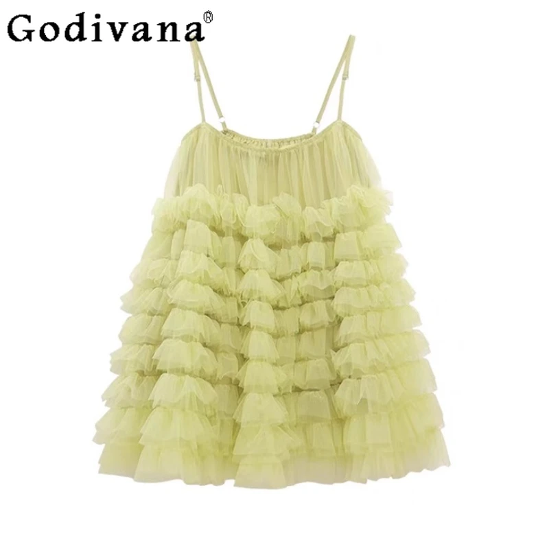 

Retro Sweet Yellow Gauze A-line Fairy Suspender Cake Dress Women's Summer Seaside Vacation Square Collar Princess Short Dresses