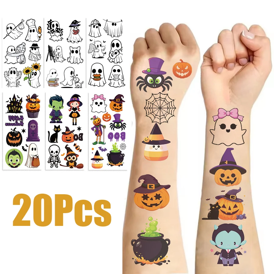 

20Pcs Sheets Halloween Pumpkins Tattoo Sticker Temporary Fake Tattoo Arm Hands Body Waterdichte Tatouages Pour Kids Toy Gift
