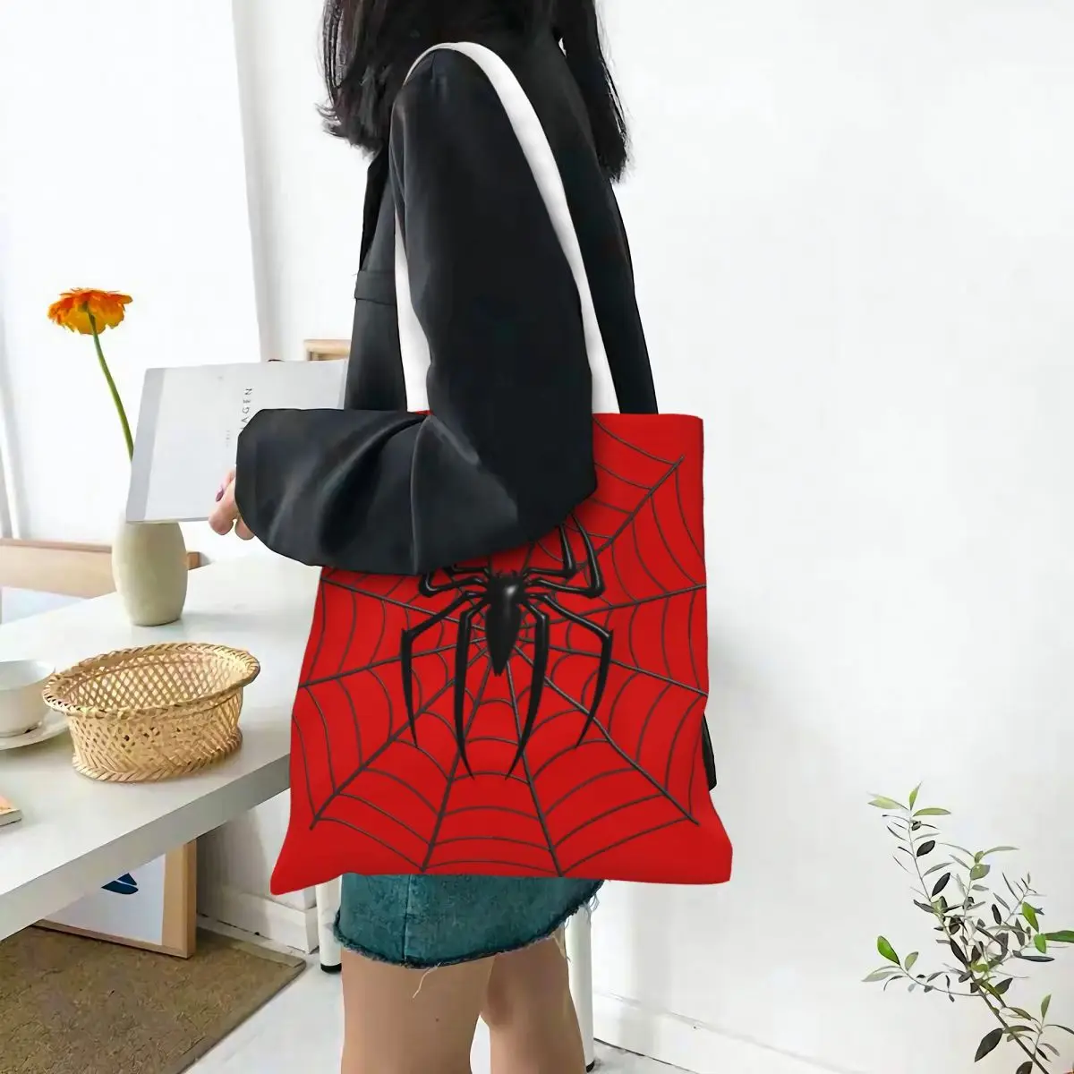 Bolsas de compras personalizadas de Spider Man Web para comestibles, bolso grande de hombro de lona con estampado de moda, bolso duradero de gran capacidad