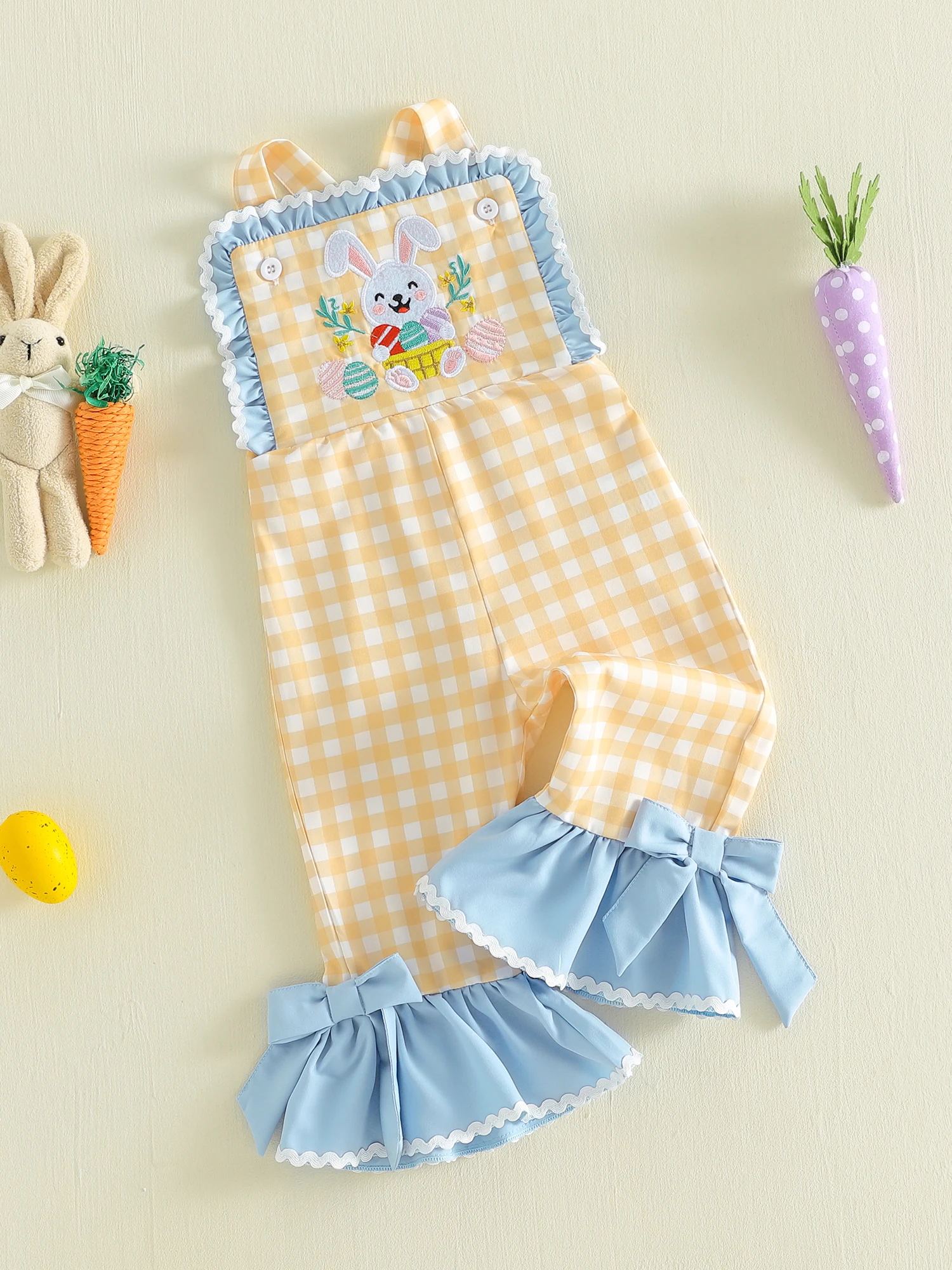 

Пасхальные расклешенные брюки-комбинезон для маленьких девочек с клетчатым принтом и вышивкой в виде кролика и цыпленка, без рукавов, расклешенные к низу