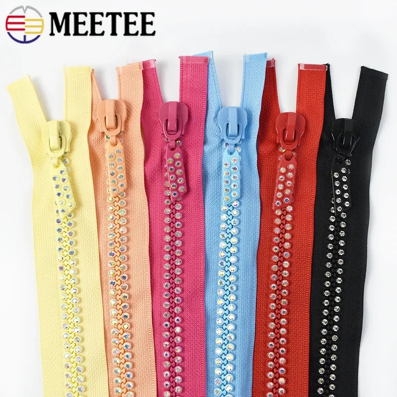 Meetee 1/2/5Pcs 60cm Rhinestone Resin Zipper Open-End Decor Zippers for Sewing Bag Clothes Jacket Garment DIY Repair Accessories