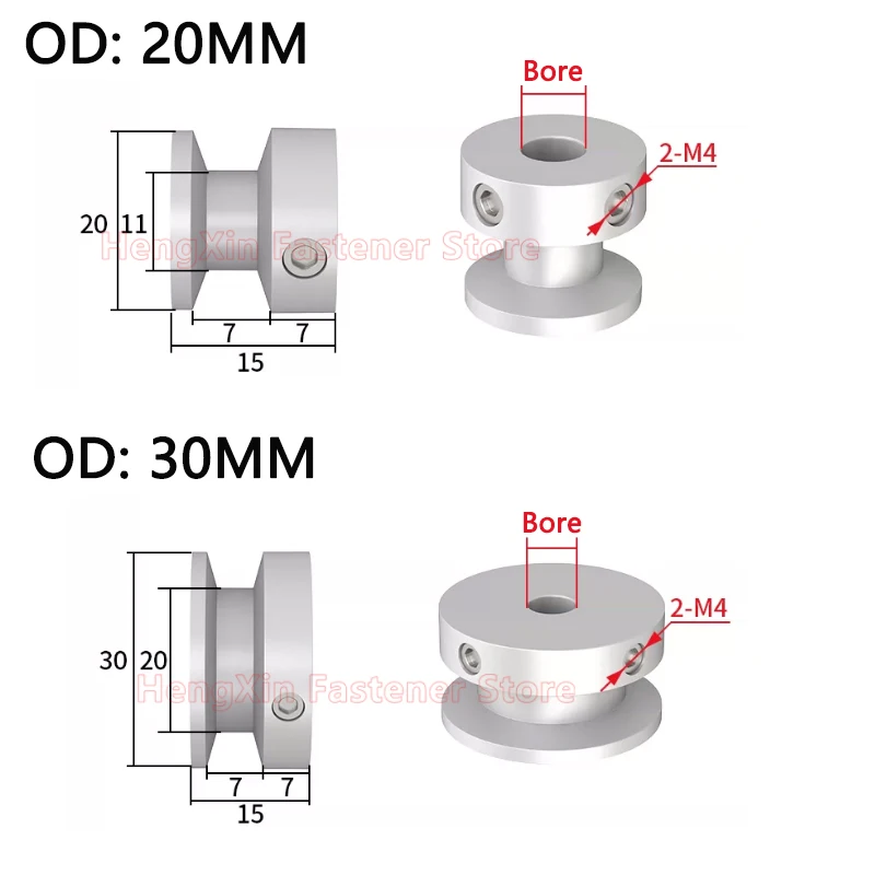 Bore 5-25mm Pulley 20/30/40/50/60/80/100mm Aluminum Alloy Single Groove Fixed Bore Pulley Wheel for Motor Shaft 6mm Belt